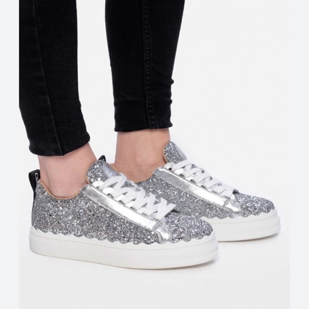 Chloé Women's Lauren Low-Top Glitter Sneakers in silver 37 6.5